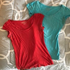 (2) short sleeve shirts, scoop neck, red and blue